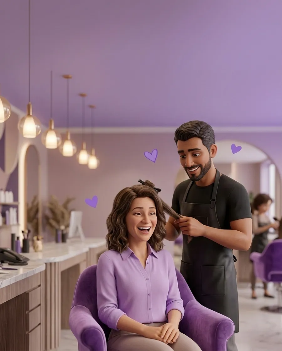 Cliente sorrindo de volta na cadeira do salão, com o cabeleireiro